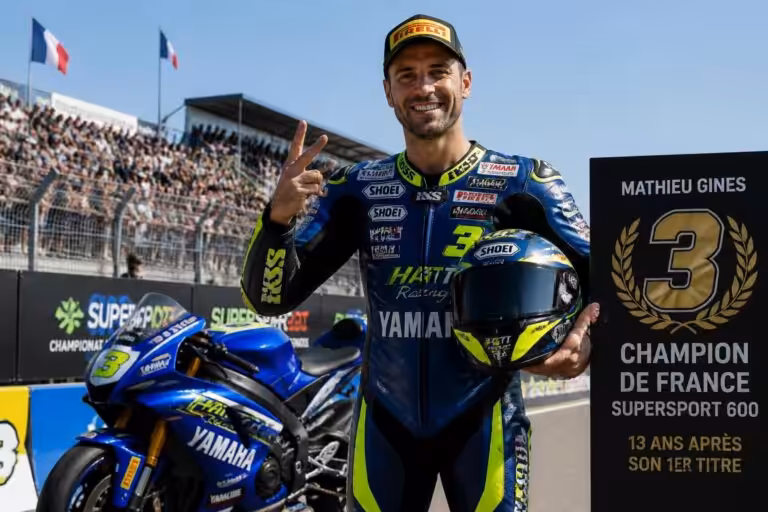 mathieu gines remporte pour la troisième fois le championnat de france supersport 600, 13 ans après son premier titre, confirmant son statut de pilote d'exception.